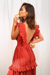 Pleated silk midi dress with deep V-neckline and ruffle shoulder detailing